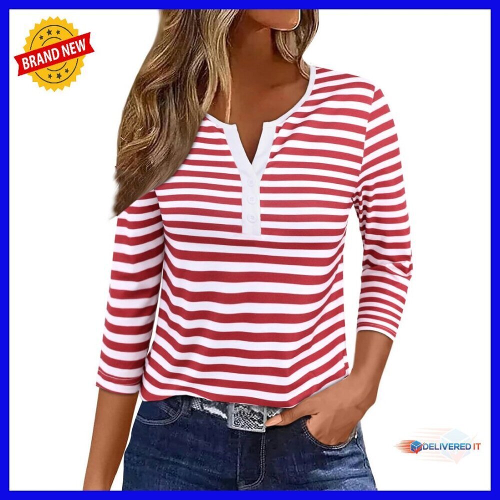 Striped V-Neck 3/4 Sleeve Tunic Top - Loose Fit Blouse - Polyester Spandex